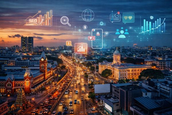 Chennai cityscape at dusk with digital marketing icons representing SEO, social media growth, and online advertising
