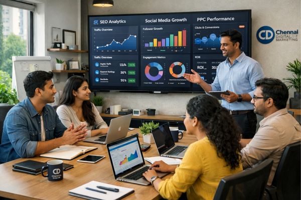 Modern digital marketing agency office in Chennai with team discussing SEO, social media, and PPC strategy