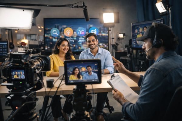 Behind the scenes of a digital marketing promotional video shoot with camera, lighting, and creative team